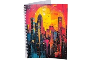 ‎DRUCK.DE druck.de College Notepad - Pack of 5 - DIN A4 - 80 Sheets - 80 g Volume Paper - Perforated - Spiral Binding White - Correction Margin - Perforated - Spiral Notepad (Neon City, Lined)