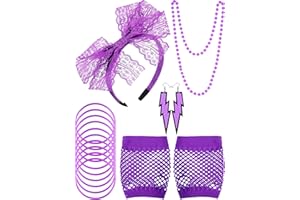 BLULU 80s Bandeau en Dentelle Boucles d'Oreilles Gants Résille Collier Bracelet pour Partie de 80's (Violet)