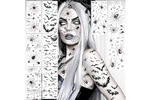 LAROI 9 Blatt Halloween Spinnennetz Gesichts Tattoo Aufkleber, Fledermaus Spinne Fake Arm Tattoos Zum Aufkleben Damen Herren Frauen Männer Klebetattoos Erwachsene Kinder, Hexen Make UP Kostüm Schminke