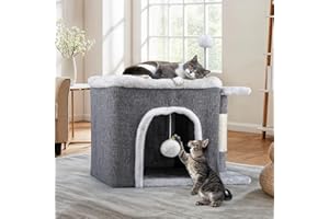 YITAHOME Indoor Cat House, Foldable Cat Cave, 47 L x 40 W x 32 H cm Large Pet Beds with Scratching Board and Play Ball Cave Cat Barrel for Medium Large Pets