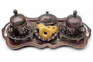 NOSY NOMAD Juego de café: juego de 2 tazas para café turco, plato para pasteles, auténtico cobre fundido | Tazas para café turco en cobre con tazas de estilo otomano | Set de 2 piezas