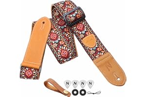 Nefelibata Correa para guitarra, extremos de cuero dobles, tejido vintage con 4 púas de regalo, cierres de correa + botón de correa