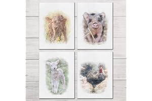 A&M Natural Living Farm Animal Prints, Set Of 4 Watercolour Style A4 Nursery Prints, Baby Girl Or Boy Bedroom Living Room Posters, Wall Art Gift Present Cow Pig Sheep Cockerel Decor