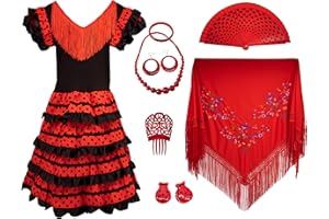 Gojoy shop - Disfraz de sevillana flamenco para mujer, contiene: vestido, mantón y accesorios. (3 colores y 7 tallas diferentes.)