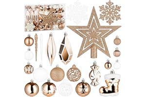 ‎BRUBAKER BRUBAKER 128 Stück Premium Christbaumschmuck - XXL Weihnachtskugel Set mit Glitzer Kugeln, Eiszapfen, Diamant Anhänger, Bonbon, Nikolaus Stiefel und Baumspitze Stern - Baumschmuck - Champagner