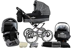 Bergsteiger Venedig Nostalgie Kinderwagen 3 in 1 Retro Kombikinderwagen Megaset 10 teilig inkl. Babyschale, Babywanne, Sportwagen und Zubehör (black & white dots)