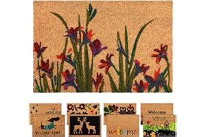 ZENQA Coir Door Mats Outdoor Indoor | Front Door Heavy Duty Doormat Thick Non Slip High Absorbency | Large 100% Natural Coir Dirt Trapper | Entrance Matting (Flowers)