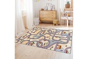 ‎PRIMAFLOR - IDEEN IN TEXTIL Primaflor Spielteppich Village - 95x133 cm | Straßenteppich mit Kreisverkehren | Made in EU | Kinderteppich mit Straßen für Jungen & Mädchen | für Fußbodenheizung | Kurzflor Teppich für Kinderzimmer