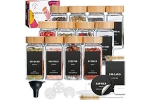 Happy Lemuro Gewürzgläser mit Streueinsatz [12 x 120 ml] Etiketten auf Deutsch | Gewürzbehälter mit Deckeln aus Bambus. Gewürzgläser Eckig 12er Set, Organizer Gewürze Aufbewahrung, Spice Jars