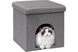 Bonlife Cat House Ottoman,Folding Cat Cave Beds for Indoor Cats,Winter Pet Kennel with Washable Pad,Footstool Seat with Lid,40x40x40cm,Grey