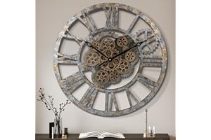 ‎LAFOCUSE Lafocuse Wanduhr Groß mit Beweglichen Zahnrädern, Shabby Chic Holz, Industrial Steampunk XXL Vintage Retro Romische Zahlen 57 cm für Küche Wohnzimmer Bar