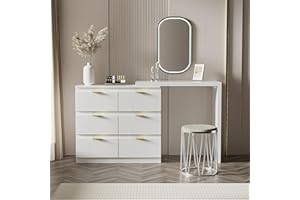 Dolamaní Tavolo da toeletta con tavolino da 160 cm, tavolo da ufficio con 6 cassetti, cassettiera, piano girevole (180°), maniglie dorate, motivo floreale, angoli arrotondati antiurto, bianco (160 cm)