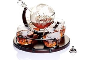 Kemstood Carafe Whisky Globe Gravée (850ml)| Un Must Pour Les Amateurs de Whisky | 4 Verre Whisky Élégants et Base en Bois | Ensemble de Whisky en Coffret Cadeau Homme | Apprécié par Les Connaisseurs