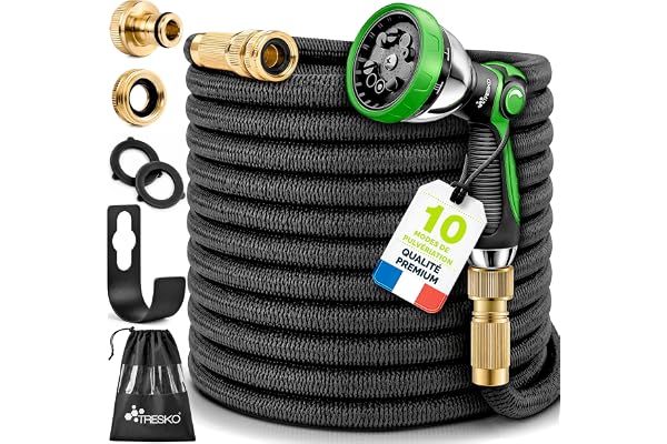 TRESKO® Tuyau d'arrosage Flexible et Extensible pour Jardin | Extensible | avec 3 Embouts en Latex | Tuyau d'arrosage rétractable (Noir, 60m)