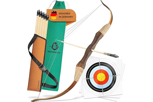 BOWRILLA® Flèche et arc pour enfants | 10 flèches avec pointe en caoutchouc, carquois et 3 cibles | Kit de tir à l'arc pour enfants avec sac de rangement | Arc pour enfants pour droitiers et gauchers