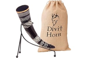 DIVIT HORN Divit véritable corne à boire Viking avec support en fer | Corne à boire de la bière médiévale authentique | Décorations en laiton et pochette cadeau en lin incluses. (Tree of Life, Polished)