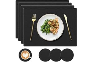 YUNJUER Silicone Place mat and Coaster Set of 4, Placemats Heat-Resistant 450 °F, Non-Slip and Waterproof, Decoration Accessories for Indoor, Outdoor, Home, Hotel, Restaurant, Dining Table, Black