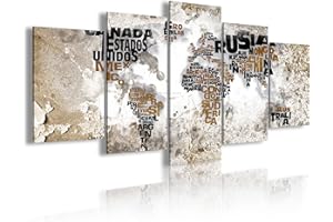 DekoArte 469 - Cuadros Modernos Impresión de Imagen Artística Digitalizada | Lienzo Decorativo Para Salón o Dormitorio | Estilo Mapamundi Mapa del Mundo Con Nombres de Países | 5 Piezas 200x100cm XXL