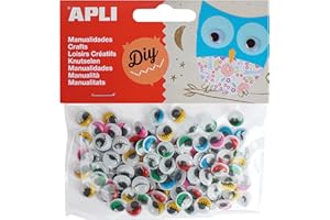 Apli 13265 - Sachet de 100 yeux mobiles ronds adhésifs avec paupières et cils - couleurs assorties - 10 mm - Loisirs créatifs