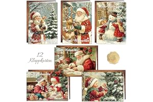 GLUCKGESCHENK Weihnachts-Retro-Illustration Weihnachtskarten mit Umschlag 12er Set, A6 Vintage Klappkarten mit 6 Motive, Hochwertig Weihnachtskarte Weihnachtspostkarten, Frohe Weihnachten Christmas Cards