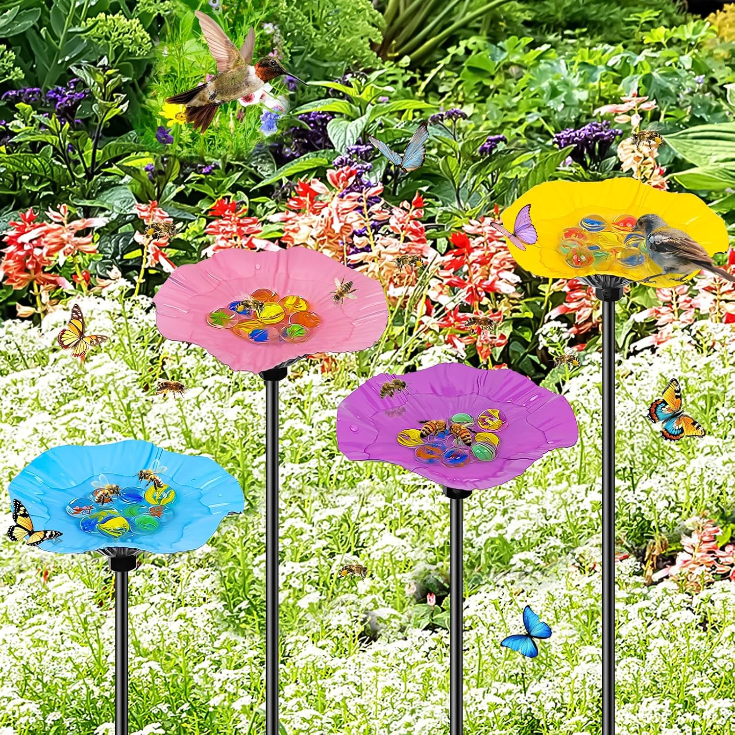 4 Pack Bee Watering Station for Garden, Metal Bee Butterfly Feeder with 40Pcs Glass Marbles, Colorful Butterfly Bee Bath Water Bowl with Flower Design (4 PCS-Blue & Yellow & Pink & Purple)
