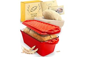KRUSTENZAUBER Stampo per pane smaltato con coperchio incluso cestino per la lievitazione, robusto stampo da 28 cm, ideale come stampo per scatola, pane tostato, stampo per pane, pentola in ghisa,