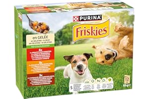 Purina Friskies Galaretka mokra karma dla psów z kurczakiem, jagnięciną i wołem, 6 opakowań po 12 saszetek po 85 g