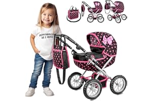 Kinderplay Puppenwagen – Höhenverstellbarer Kinderwagen für Puppen, Griffhöhe 33–63 cm – Leicht & stabil mit leisen Schaumrädern – Für Puppen bis 41 cm, ab 3 Jahren, klappbares Verdeck