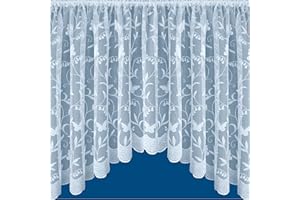 Tyrone Textiles Hawaii White Butterfly Jardiniere Net Curtain – Scalloped Base – Floral Lace – Rod Pocket – Width 254cm x Drop 91cm – Decorative Sheer Panel for Kitchen, Living Room or Conservatory