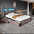 3ft Single Bed Frame Solid Metal Bed Frame with LED Light Strip, 4 Storage Drawers and USB Type C Ports, Metal Platform Bed Frame with Storage Headboard, No Box Spring Needed, Metall Support, Grey