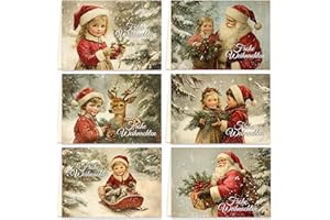E&G KLASSE 12 kartek bożonarodzeniowych w stylu vintage, składane kartki z kopertami, magiczne kartki bożonarodzeniowe, koperta, Wesołych Świąt Bożego Narodzenia, Święty Mikołaj, dzieci, śnieg, las