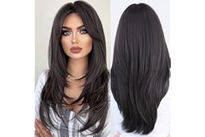 7JHH WIGS Peruka z długimi, czarnymi włosami, warstwowa, syntetyczne włosy, naturalnie wyglądające, odporne na wysokie temperatury, do codziennego użytku, na imprezę, 61 cm