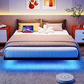 HOJINLINERO 140 x 190 cm bed with LED lighting and charging station, floating bed frame 140 x 190 cm, metal bed with box spri