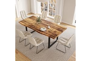 JIEXI Rustikaler Esstisch Set mit 2 Bänken, Holzoptik Tischplatte mit Wellenkante, Schwarzes Metallgestell, 160x75x75 cm Tisch, 110x30x45 cm Bänke (Vintage Woodgrain + Esstischstuhl Beige)