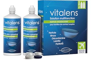 Produit multifonction pour lentilles de contact souples ● Format voyage / 2x50ml ● Décontamine, nettoie, rince, déprotéinise et hydrate ● Solution pour lentilles à l’acide hyaluronique ● Vitalens