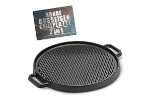 BBQ BOSS grillplatta av gjutjärn [2 i 1] grillgaller – rund grillplatta – tallrik för grillen – vändbar – för grill och ugn