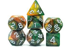 World of Dice Orion-Serie - Pen and Paper Würfel, 7-teiliges Würfelset, W20, W12, W10, W10.0, W8, W6, W4, Rollenspiel-Würfel, für Dungeons and Dragons und weitere RPG (grün-Gold)