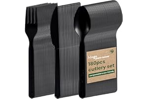 HAAGO - Juego de 180 Cubiertos de PLA Biodegradables Compostables (60 Cuchillos, 60 Tenedores, 60 Cucharas, Negro) - Ecológicos Ideal para Catering y Bodas - Materiales 100% Naturales