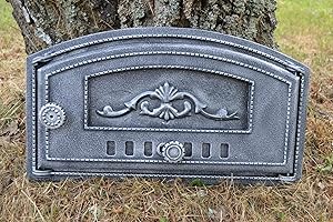 SEZAM Backofentür aus Gusseisen mit Luftregulierung, nach rechts öffnend, Pizzaofentür - Brotofen - Steinofentür, 48,5 x 6,5 x 27,5 cm - halbrund, altsilberne Bemalung