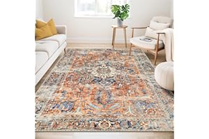 Guchuang Bedding Washable Rugs Living Room Area Rugs Orange Vintage Boho Rug Large Non Slip Carpet Moroccan Rugs Short Pile Rug for Bedroom Dining Room Kitchen, Soft Faux Wool, 160x230cm