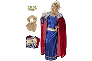 Gojoy shop- Disfraz de Corona de Rey Mago Baltasar, Caspar ó Melchor para Hombres Navidad Carnaval (Contiene Corona, Conjunto Peluca y Barba, Túnica, Capa, Cinturón y Mochila de Cuerdas)