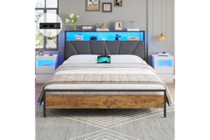 Brinlawb Cadre de lit 140 x 190 avec Sommier Métal Lit 2 Personnes avec lumières LED, Multiprise, lit double 140x190 avec Tête de Lit Rembourrée et rangement Lit 140x190cm en Métal Marron Vintage+Gris