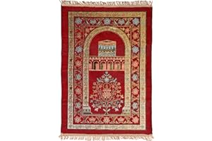 Halbur Gebetsteppich, Islam Muslim Seccade Ramadan Geschenke Für Frauen Männer, Traditionelles Islamische Architektur Kaaba Stickerei mit Fransen, Muster mit gewölbter Tür und Blumen, Rot