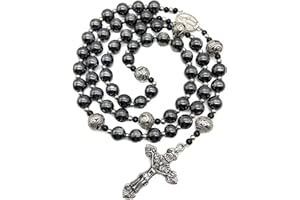 Nazareth Store Hematyt różaniec czarny kamień koraliki naszyjnik metalowe koraliki cudowny medal i krzyż różaniec dla mężczyzn i kobiet NS, Kamień, Hematyt