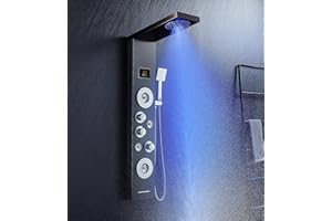 KINKIBOS Shower Tower with Mixer, 6-Function Shower Column with LED Temperature Display Rain＆Mist, 2 Modes Massage Jets, Handset and Bath Spout, Shower Panel Stainless Steel, Black