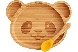 BUBBABOO Bubba Boo Bamboo Baby Plate and Spoon Set Baby Suction Plate Panda Design (Yellow)