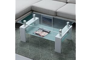 CLIPOP Tavolino da salotto moderno rettangolare in vetro temperato con ripiano a 2 ripiani e gambe in legno, tavolo d'attesa per soggiorno, tavolo da ricevimento, bianco