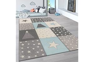 PACO HOME Dywan Dzieciêcy, Dla Dzieci Pastelowy Dywan 3D Z Motywami Chmurek I Gwiazd Têczowa, Rozmiar:133 cm Quadrat, Kolor: Niebieski