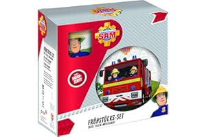 P:OS HANDELS P:os 27123 - zestaw śniadaniowy z motywem strażaka Sam, 3-częściowy zestaw naczyń dla dzieci, z ceramiki, składający się z talerza, miski i filiżanki, nadaje się do mycia w zmywarce