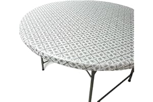 TopTableCloth Outdoor Tablecloth Round Fitted Fits Tables up to 37" to 42" Inch Elastic Silver Patterned Plastic Table Cloth Dining Wedding Elasticated Xmas Vinyl Flannel Backed Party Everyday Use